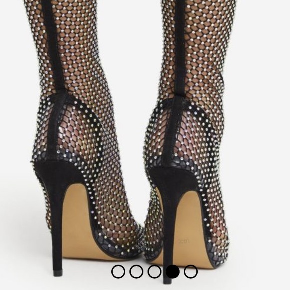 DIAMANTE DETAIL POINTED TOE STILETTO HEEL ANKLE HIGH SOCK BOOT IN BLACK FISHNET - Picture 2 of 9
